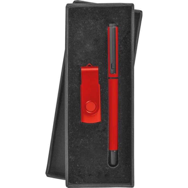 Kırmızı Metal Roller Kalemli 16 GB Lazer Baskılı Promosyon USB Set